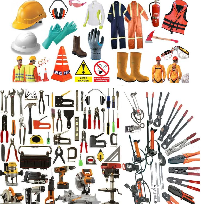 Safety equipment, also known as personal protective equipment, is specifically designed to help protect workers against health or safety risks on the jobsite. By wearing the appropriate safety equipment, workers can decrease the number of preventable accidents that occur on jobsites every year. Types of safety equipments : Skin protection (gloves and fire-resistant clothing) Protective footwear (safety boots and rubber boots with steel toe guards) Sun and heat protection when working outdoors (hats, sunscreen, shaded rest areas) Disposable protective clothing for working with chemical and bio-hazards. Tool - an instrument for making material changes on other objects, as by cutting, shearing, striking, rubbing, grinding, squeezing, measuring, or other processes.