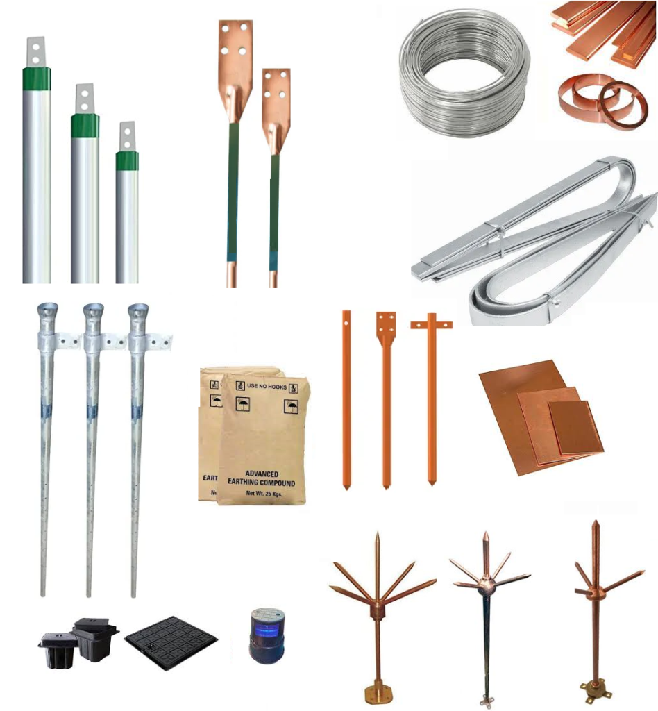 Mostly, the galvanised iron is used for the earthing. The earthing provides the simple path to the leakage current. The shortcircuit current of the equipment passes to the earth which has zero potential. Thus, protects the system and equipment from damage. Acceptable electrodes are rods, pipes, mats, tapes, wires, plates and structural steelwork buried or driven into the ground.