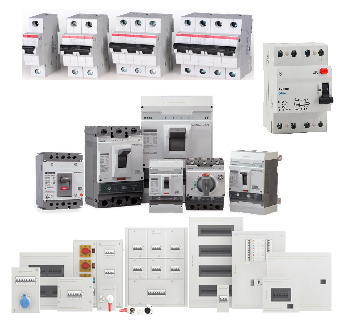 MCB - These are an alternative to fuses and are used to protect circuits from excess current. These miniature circuit breakers (MCBs) are automatic switches which open when the current flowing through them exceeds the value for which they have been set. Several different MCB types are available – types A, B, C, D, K, and Z. However, the three key versions are type B, type C, and type D. Each is designed to be responsive to the likely strength of electrical surges in different settings. SP ( Single Pole ) MCB: In Single Pole MCCB, switching & protection are affected in only one phase.
DP ( Double Pole ) MCB: In Two Pole MCCB, switching & protection are affected in phases and the neutral.
TP ( Triple Pole) MCB: Only three phases of the circuit are switched and protected by a triple/three-phase micro circuit breaker, not the neutral.
TPN (3P+N) MCB: A TPN MCB has switching and protection for all three phases of the circuit, and Neutral is also included as a separate pole.
4 Pole MCB: A four-pole MCB is similar to a TPN, but it also has a neutral-pole protective release. Types of Circuit Breakers. MCB, MCCB, RCD, RCCB, RCBO, ELCB, RCCB, ACB, VCB, MOCB, BOCB, SF6 CB, GFCI, MPCB, HVDC, DC-CB, Auto CB.

Distribution board - A distribution board (also known as panelboard, breaker panel, electric panel, DB board or DB box) is a component of an electricity supply system that divides an electrical power feed into subsidiary circuits while providing a protective fuse or circuit breaker for each circuit in a common enclosure. It is important to understand the different purposes of the distribution board. Bearing industrial uses in mind, different boards are suggested based on electricity and power usage and usage of cost-efficiency products. Here are some of the types of distribution boards used in industries: Motor Control Centers (MCCs), User-Friendly Human Machine, Interface (HMI), Operator Panels, Industrial Hydraulic Control Panels, Programmable Logic Controller (PLC) Panels and Industrial Hydraulic Control Panels