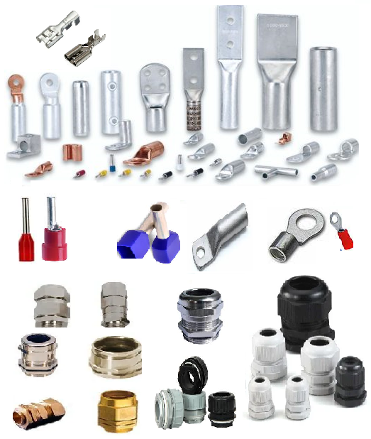 lUGS - Most common use of lugs includes connecting one cable with another cable or connection more than two cables. It is also used in connecting fuse sockets, load switches and electrical appliances, other than for connecting cables and power lines. Types of Cable Lugs, Ring Type Lugs, Pin Type Lugs, Fork or U Type Lugs, Male & Female Connector Lugs and Flat Type Lugs.

GLANDS - Cable glands may be used on all types of electrical power, control, instrumentation, data and telecommunications cables. They are used as a sealing and termination device to ensure that the characteristics of the enclosure which the cable enters can be maintained adequately. There are four Cable Glands classified as single compression, double compression, flexible hose and PVC.