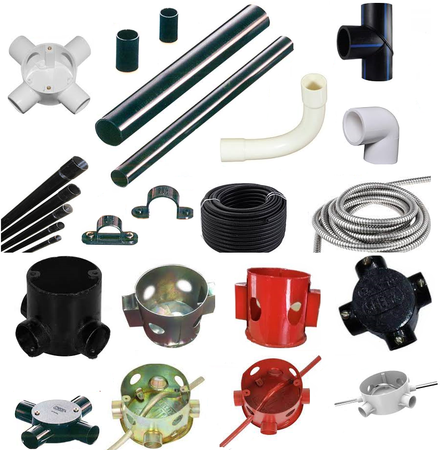 Conduit and fittings form systems to route and protect wire and cable. Conduit encases conductors to prevent environmental and impact damage and prevents people from touching wire. Metallic conduit is crush-resistant and intended for heavy-duty applications. PVC conduit is lightweight and suitable for outdoor use. Other types of conduit fittings include adapters, bulkhead fittings, caps, couplings, elbows, expansion joints, flanges, nipples, plugs, reducers and setscrew.